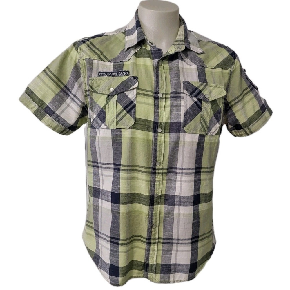 Guess Shirt Mens Size XL Slim Fit Logo Pearl Snap Short Sleeves Pockets Collared